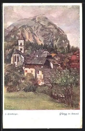 Künstler-AK Pürgg im Ennstal, Ortsansicht mit Kirche