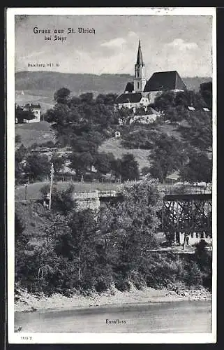 AK St. Ulrich bei Steyr, Ortsansicht mit Kirche und Ennsfluss