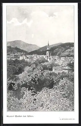 Künstler-AK Baden bei Wien, Ortsansicht mit Kirche