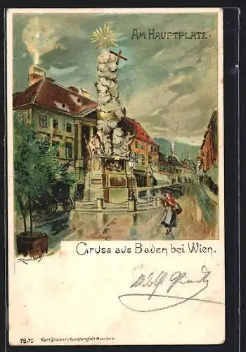 Lithographie Baden, Strassenpartie am Hauptplatz