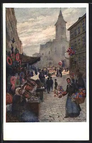 Künstler-AK Wien, Kalvarienberggasse mit Passanten