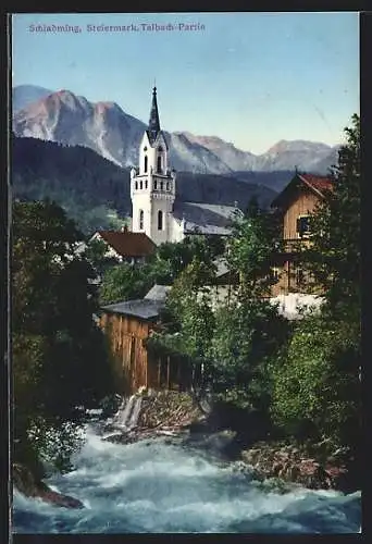 AK Schladming, Talbach-Partie mit Kirche und Bergpanorama