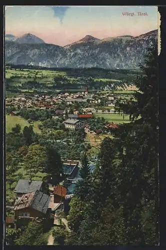 AK Wörgl, Ortsansicht aus der Vogelschau mit Bergpanorama