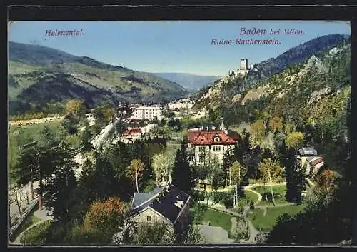 AK Baden bei Wien, Ortsansicht mit Helenental und Ruine Rauhenstein
