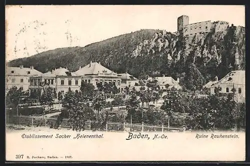 AK Baden /N.-Oe., Gaststätte Etablissement Sacher Helenenthal und Ruine Rauhenstein