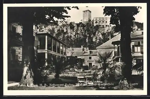 AK Baden bei Wien, Restaurant Sacher mit Ruine Rauhenstein