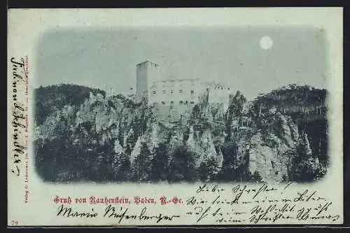 Mondschein-AK Baden bei Wien, Ruine Rauhenstein bei Vollmond