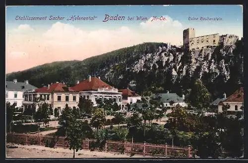 AK Baden bei Wien, Gasthaus Etablissement Sacher Helenental, mit Burgruine