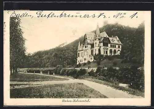 AK Baden bei Wien, Villa Erzherzog Eugen mit Strasse, Brücke und Ruine Rauhenstein