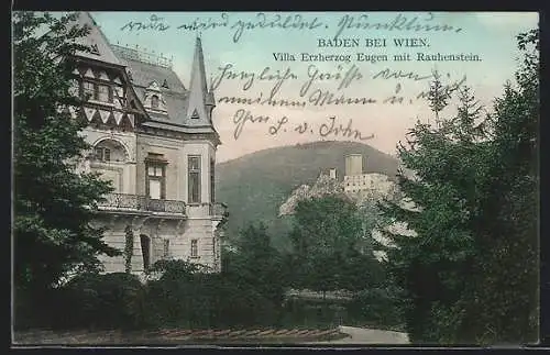 AK Baden, Erzherzog Eugen Villa & Ruine Rauhenstein