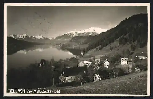 AK Dellach /Millstättersee, Ortsansicht mit See und Bergpanorama aus der Vogelschau