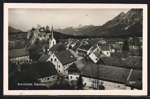 AK Arnoldstein, Teilansicht mit Burgruine und Bergpanorama aus der Vogelschau