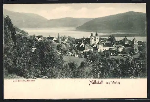 AK Millstatt, Teilansicht mit Kirche von Westen
