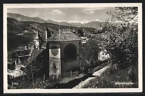 AK Millstatt am See, Ortsansicht mit Kirche und Seeblick