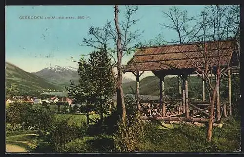 AK Seeboden am Millstättersee, Schutzhütte und Blick auf den Ort