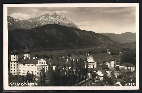 AK Stams, Stift mit Bergpanorama aus der Vogelschau