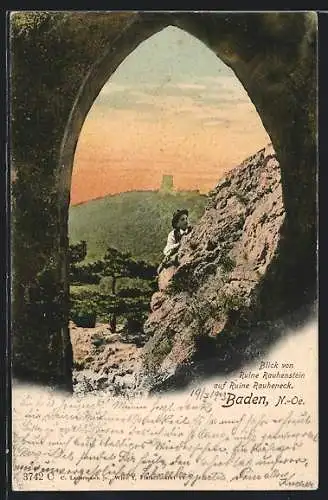 AK Baden bei Wien, Ruine Rauheneck, gesehen von der Ruine Rauhenstein