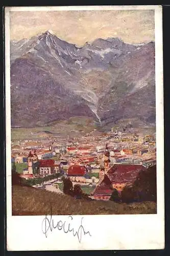 Künstler-AK Innsbruck, Gesamtansicht mit Bergpanorama