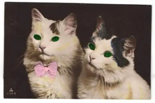 AK Weisse Katzen mit grünglänzenden Augen und rosa Stoffschleife