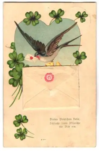 AK Aufgeklebter kleiner Briefumschlag mit Briefchen, Schwalbe bringt einen Liebesbrief
