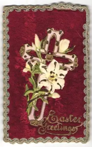 AK Easter Greetings, Kruzifix auf rotem Samt