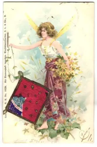 Lithographie Elfe mit Blumen, aufgeklebtes Krepppapier