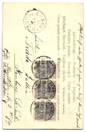 AK Aufgeklebter Briefumschlag mit Briefchen, Veilchen und Vergissmeinnicht