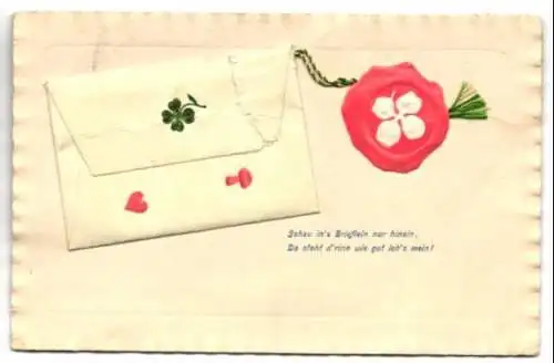 AK mit aufgeklebtem Briefumschlag mit kleinem Liebesbrief