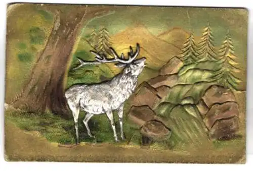 Relief-AK Waldidyll mit röhrendem Hirsch aus Metall