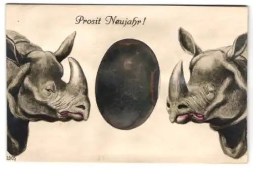 AK Zwei Nashörner und ein Spiegel in der Mitte, Neujahrskarte