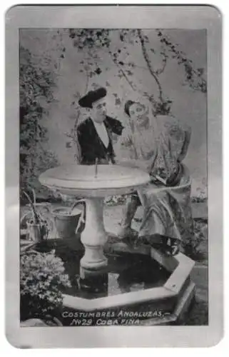 Metall-AK Mann und Frau am Brunnen, in andalusischer Tracht