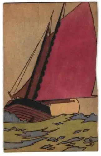 Holz-AK Segelboot in stürmischer See