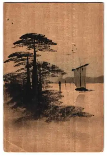 Holz-AK Segelboot mit Bäumen
