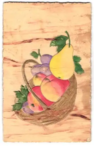 Holz-AK Ein Obstkorb mit Äpfeln, Pflaumen und einer Birne, im Relief
