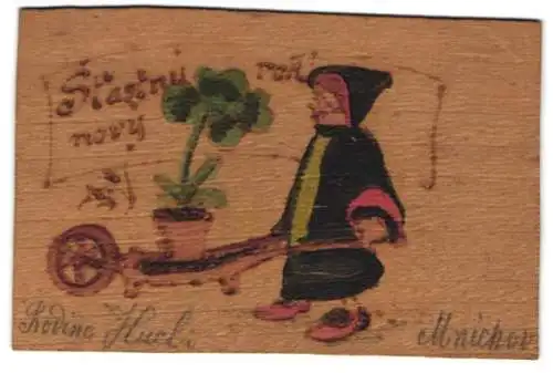 Holz-AK Ein Kind in Tracht mit Glücksklee in seiner Schubkarre