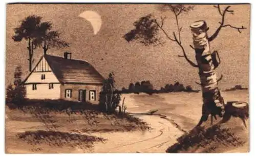 Holz-AK Ein einsames Haus am Strand im Mondschein