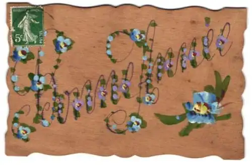 Holz-AK Neujahrskarte, Schriftzug Bonne Année mit Blumen geschmückt