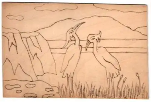 Holz-AK Zeichnung von zwei Reihern an einem Strand