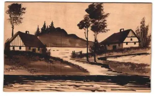 Holz-AK Blick auf zwei Häuser an einer Flussmündung