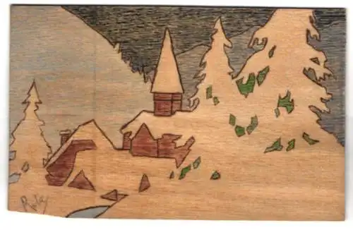 Holz-AK Ortsansicht mit einer Kirche im Schnee