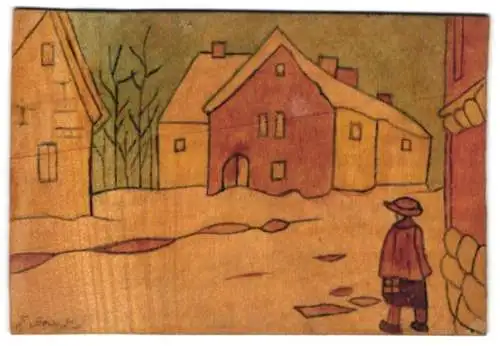 Holz-AK Ortspartie mit Anwohner im Schnee