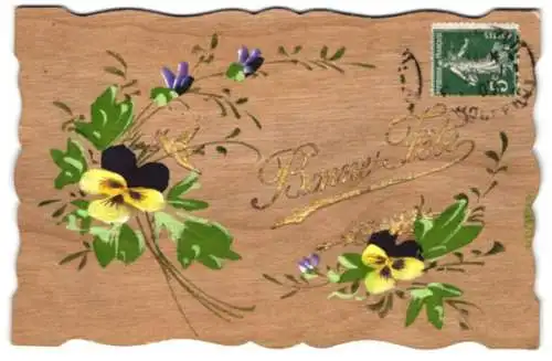 Holz-AK Arrangement aus Blumen, eine Schwalbe mit Brief im Schnabel