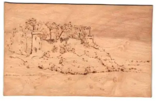 Holz-AK Küstenpartie mit einer Burgruine