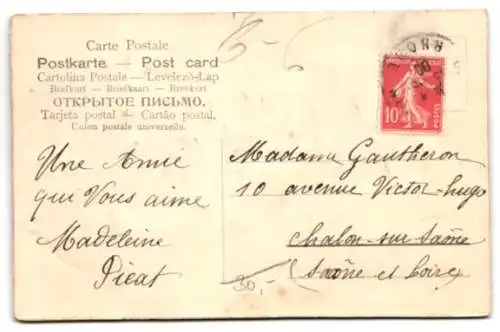 Präge-Airbrush-AK Vögel mit Schubkarre voller Blumen