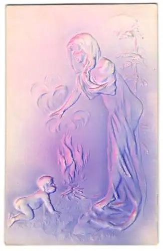 Präge-Airbrush-AK Junge Frau mit Baby am Lagerfeuer