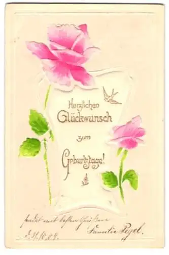 Präge-Airbrush-AK Blumen mit Schwalbe