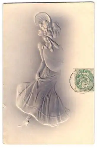 Präge-Airbrush-AK Junge Frau im Kleid mit Hut