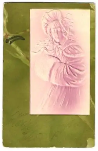 Präge-Airbrush-AK Frau im Mantel mit Haube
