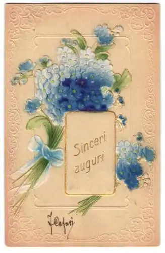 Präge-Airbrush-AK Blaue Blumen im Strauss