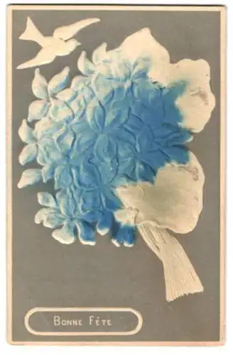 Präge-Airbrush-AK Blaue Blumen mit Schwalbe